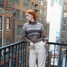 Load image into Gallery viewer, Women&#39;s Fair Isle Yoke Mock Sweater in Brownie/Neutral by Autumn Cashmere. 