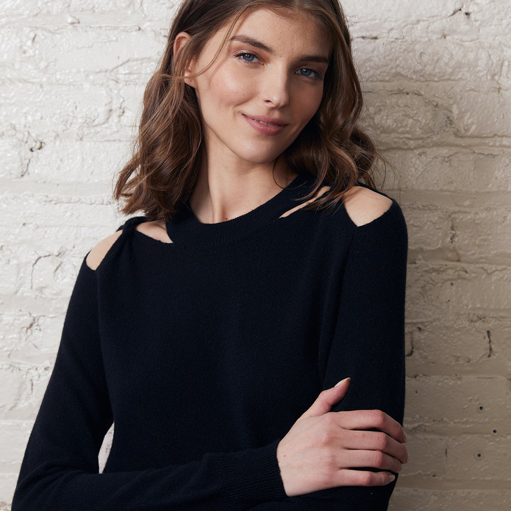 Twist Shoulder Crew Pullover in Black | Cut Hole Sweater | Women's Apparel | Autumn Cashmere
