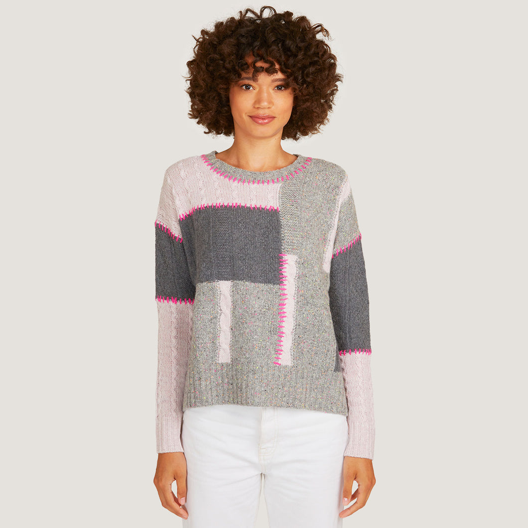 Women's 8 Ply Patchwork Whip Stitched Cable Crew in Tuttie Frutti/ Pink Heather by Autumn Cashmere