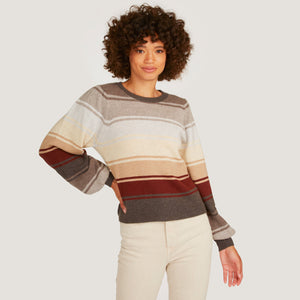 Women's Puff Sleeve Rainbow Stripe Crew in Neutral by Autumn Cashmere