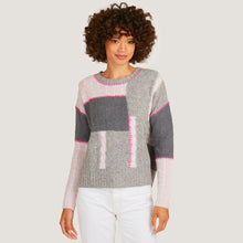 Load image into Gallery viewer, Women&#39;s 8 Ply Patchwork Whip Stitched Cable Crew in Tuttie Frutti/ Pink Heather by Autumn Cashmere
