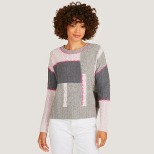 Women's 8 Ply Patchwork Whip Stitched Cable Crew in Tuttie Frutti/ Pink Heather by Autumn Cashmere