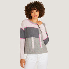 Load image into Gallery viewer, Women&#39;s 8 Ply Patchwork Whip Stitched Cable Crew in Tuttie Frutti/ Pink Heather by Autumn Cashmere