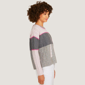 Women's 8 Ply Patchwork Whip Stitched Cable Crew in Tuttie Frutti/ Pink Heather by Autumn Cashmere
