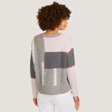 Load image into Gallery viewer, Women&#39;s 8 Ply Patchwork Whip Stitched Cable Crew in Tuttie Frutti/ Pink Heather by Autumn Cashmere