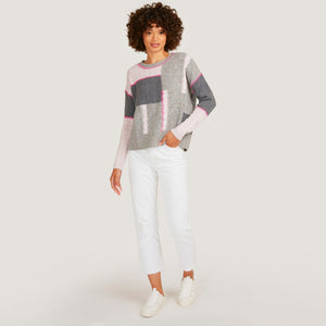 Women's 8 Ply Patchwork Whip Stitched Cable Crew in Tuttie Frutti/ Pink Heather by Autumn Cashmere