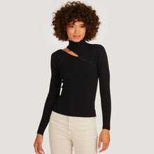 Load image into Gallery viewer, Women&#39;s Asymmetric L/S Slash Mock Sweater in Black by Autumn Cashmere