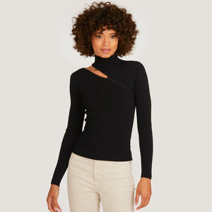 Women's Asymmetric L/S Slash Mock Sweater in Black by Autumn Cashmere