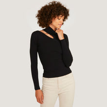 Load image into Gallery viewer, Women&#39;s Asymmetric L/S Slash Mock Sweater in Black by Autumn Cashmere
