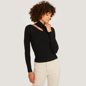 Women's Asymmetric L/S Slash Mock Sweater in Black by Autumn Cashmere