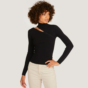 Women's Asymmetric L/S Slash Mock Sweater in Black by Autumn Cashmere