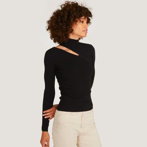Women's Asymmetric L/S Slash Mock Sweater in Black by Autumn Cashmere