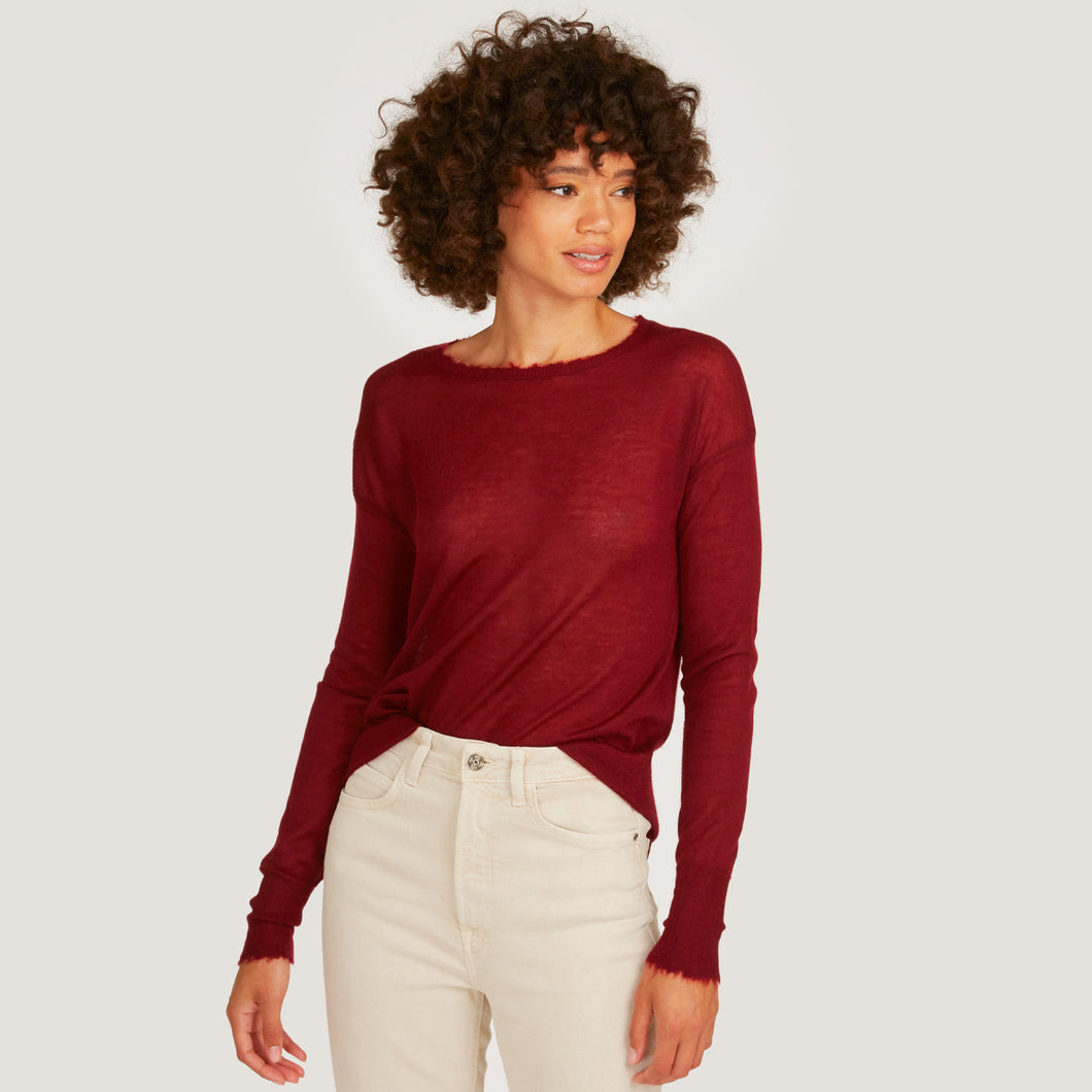 Women's Distressed Sheer Crew in Merlot Red by Autumn Cashmere. 
