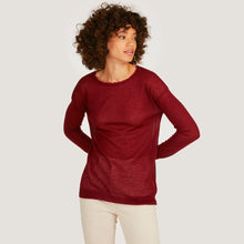 Load image into Gallery viewer, Women&#39;s Distressed Sheer Crew in Merlot Red by Autumn Cashmere.