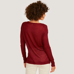 Women's Distressed Sheer Crew in Merlot Red by Autumn Cashmere.