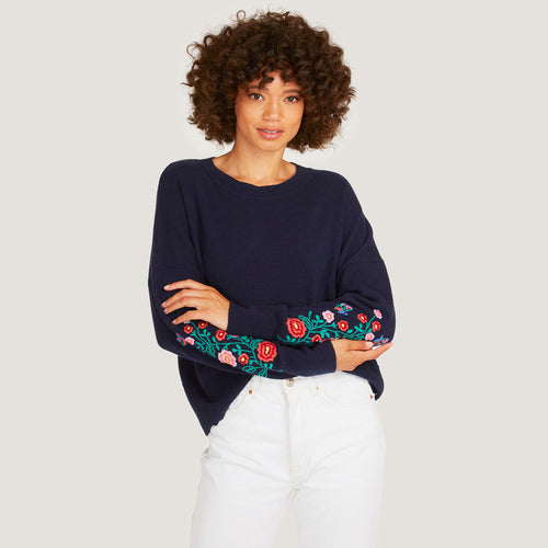 Floral Butterfly Hand Embroidered Sleeve Crew in Navy Combo