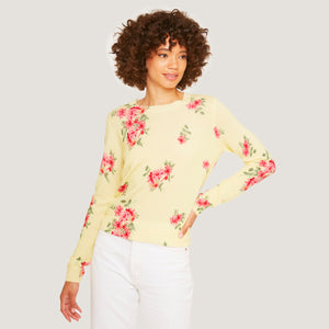 Floral Crew in Marigold by Autumn Cashmere. Women's Yellow Flower Sweater. 100% Cashmere. 