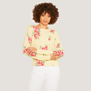 Floral Crew in Marigold by Autumn Cashmere. Women's Yellow Flower Sweater. 100% Cashmere. 