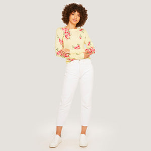Floral Crew in Marigold by Autumn Cashmere. Women's Yellow Flower Sweater. 100% Cashmere. 