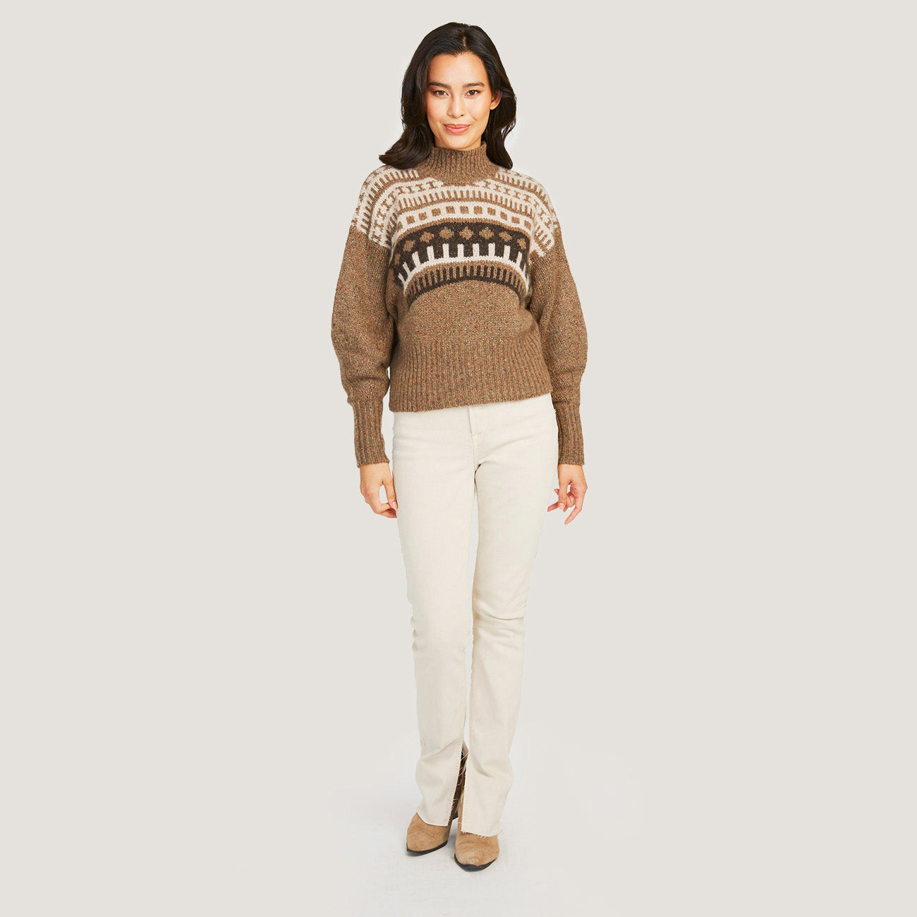 Fair Isle Yoke Mock Sweater in Brownie/Neutral | Autumn Cashmere