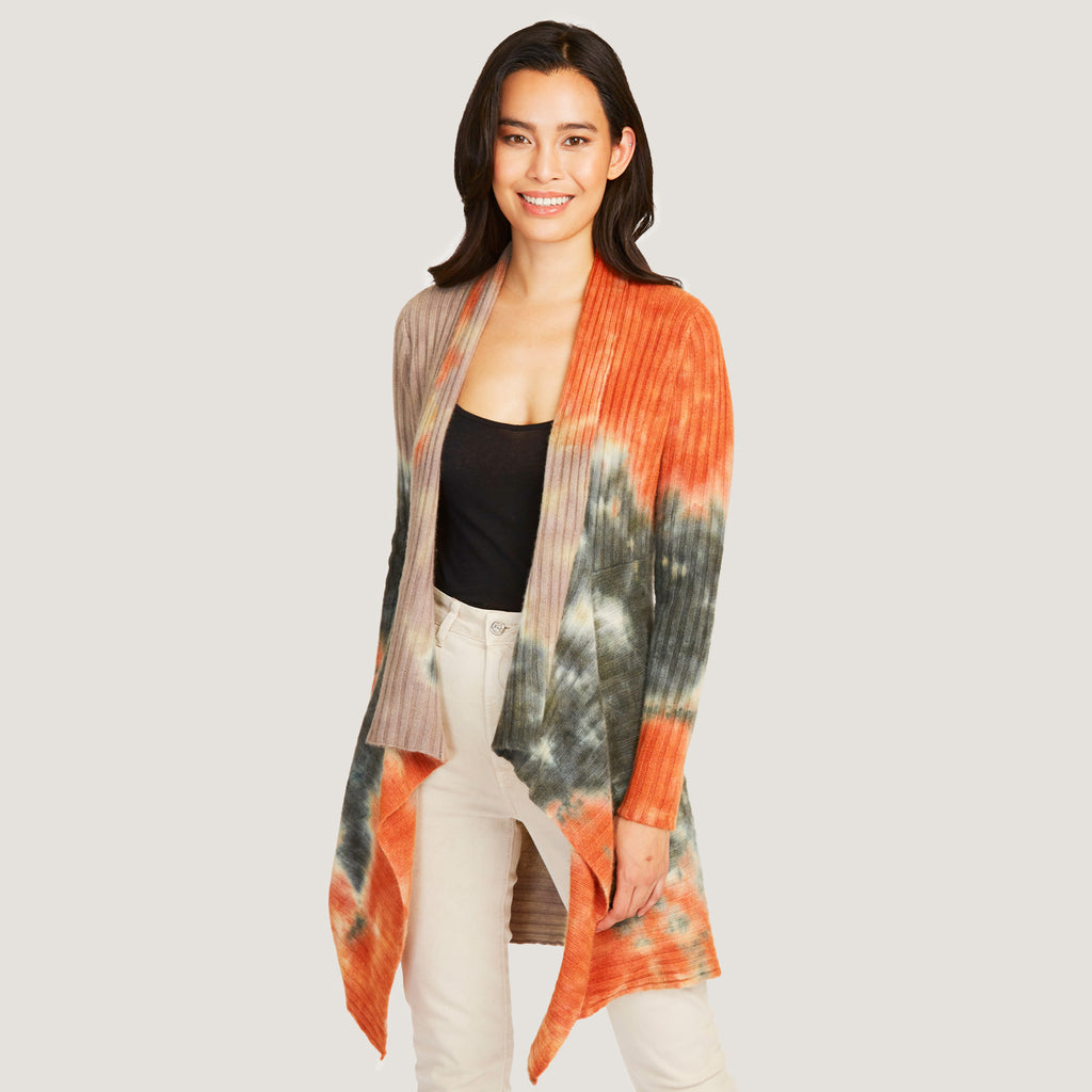Women's Tie Dye Rib Drape Cashmere Cardigan in Pita/Neutral Multi by Autumn Cashmere