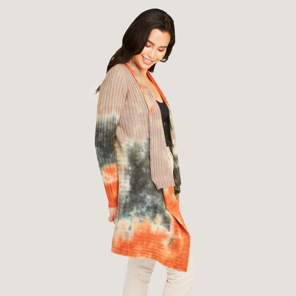 Women's Tie Dye Rib Drape Cashmere Cardigan in Pita/Neutral Multi by Autumn Cashmere