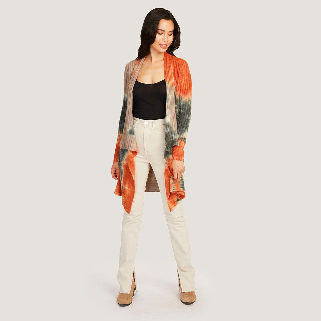 Women's Tie Dye Rib Drape Cashmere Cardigan in Pita/Neutral Multi by Autumn Cashmere