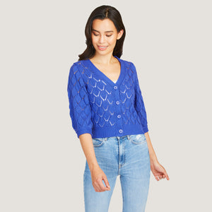 Women's Puff Sleeve Pointelle Cotton Cardigan in Liberty Blue by Autumn Cashmere
