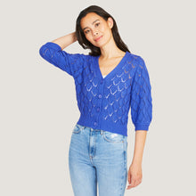 Load image into Gallery viewer, Women&#39;s Puff Sleeve Pointelle Cotton Cardigan in Liberty Blue by Autumn Cashmere