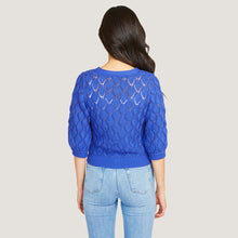 Load image into Gallery viewer, Women&#39;s Puff Sleeve Pointelle Cotton Cardigan in Liberty Blue by Autumn Cashmere