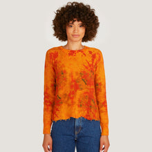 Load image into Gallery viewer, Women&#39;s Tie Dye Scallop Edge Shaker Crew Sweater in Orange Mustard Multi by Autumn Cashmere