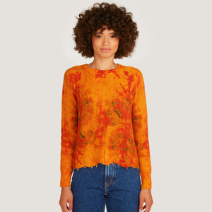 Women's Tie Dye Scallop Edge Shaker Crew Sweater in Orange Mustard Multi by Autumn Cashmere