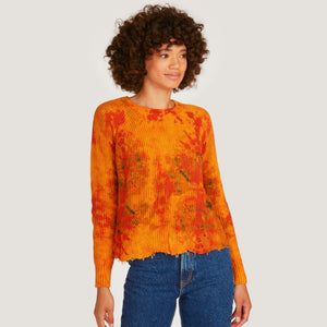 Women's Tie Dye Scallop Edge Shaker Crew Sweater in Orange Mustard Multi by Autumn Cashmere