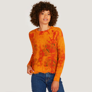 Women's Tie Dye Scallop Edge Shaker Crew Sweater in Orange Mustard Multi by Autumn Cashmere
