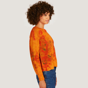 Women's Tie Dye Scallop Edge Shaker Crew Sweater in Orange Mustard Multi by Autumn Cashmere