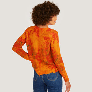 Women's Tie Dye Scallop Edge Shaker Crew Sweater in Orange Mustard Multi by Autumn Cashmere