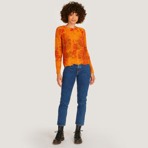 Women's Tie Dye Scallop Edge Shaker Crew Sweater in Orange Mustard Multi by Autumn Cashmere