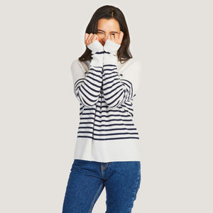 Breton Stripe Mock in Marble/Navy by Autumn Cashmere. Women's Turtleneck Black and White Sweater.