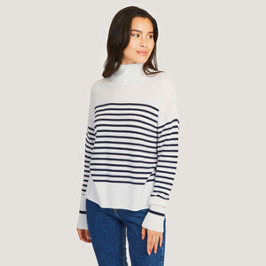 Breton Stripe Mock in Marble/Navy by Autumn Cashmere. Women's Turtleneck Black and White Sweater.