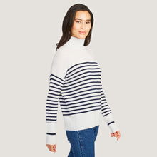 Load image into Gallery viewer, Breton Stripe Mock in Marble/Navy by Autumn Cashmere. Women&#39;s Turtleneck Black and White Sweater.