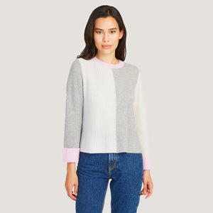 Boxy Color Block Shaker Crew in Sweatshirt/Marble/Sugar Plum by Autumn Cashmere. Women's Gray Pink Cashmere Sweater. 
