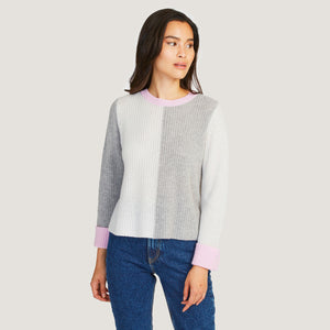 Boxy Color Block Shaker Crew in Sweatshirt/Marble/Sugar Plum by Autumn Cashmere. Women's Gray Pink Cashmere Sweater. 