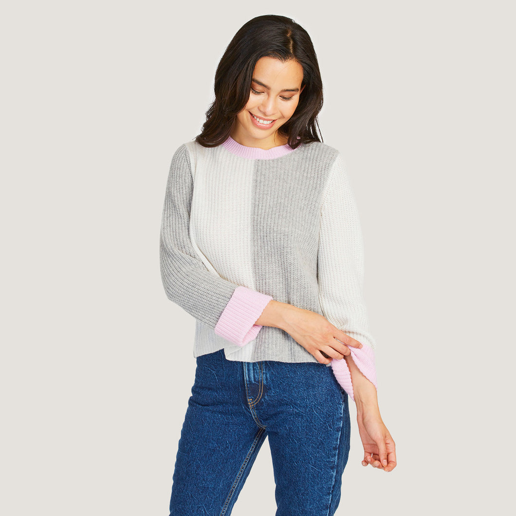 Boxy Color Block Shaker Crew in Sweatshirt/Marble/Sugar Plum by Autumn Cashmere. Women's Gray Pink Cashmere Sweater. 