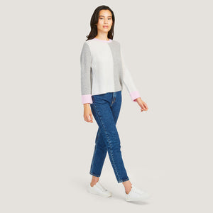 Boxy Color Block Shaker Crew in Sweatshirt/Marble/Sugar Plum by Autumn Cashmere. Women's Gray Pink Cashmere Sweater. 