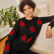 Load image into Gallery viewer, Rose Jacquard Crew in Red Combo by Autumn Cashmere. Women&#39;s Red Rose Black Background Sweater.