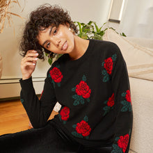 Load image into Gallery viewer, Rose Jacquard Crew in Red Combo by Autumn Cashmere. Women&#39;s Red Rose Black Background Sweater.