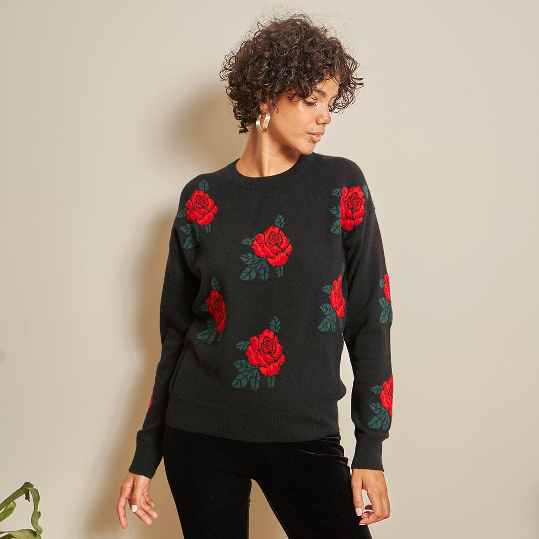 Rose Jacquard Crew in Red Combo by Autumn Cashmere. Women's Red Rose Black Background Sweater.