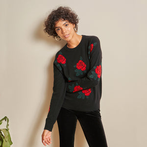 Rose Jacquard Crew in Red Combo by Autumn Cashmere. Women's Red Rose Black Background Sweater.