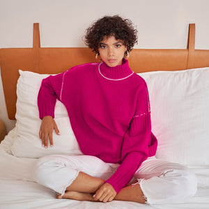 Oversized Mock Neck in Fuchsia Pink by Autumn Cashmere. Women's Turtleneck Pink Sweater.