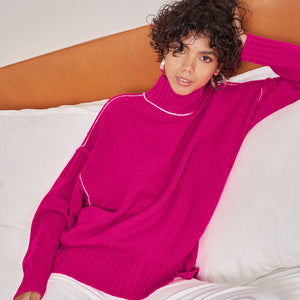 Oversized Mock Neck in Fuchsia Pink by Autumn Cashmere. Women's Turtleneck Pink Sweater.
